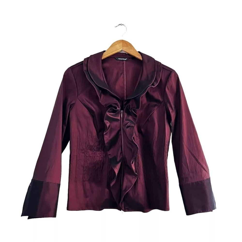 Samuel Dong Womens Burgundy Wine Ruffled Collar Full Zip top
